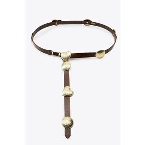 ZARA 100% Leather Brown Gold Heart Medallion Harness Belt Women EU 85 US 32 Boho